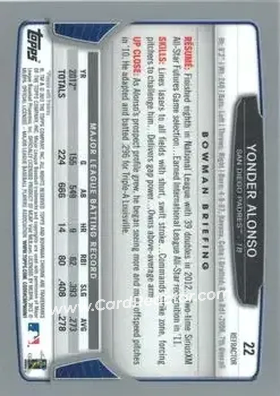2013 Bowman Chrome - Refractors #22 - Yonder Alonso - San Diego Padres - Back