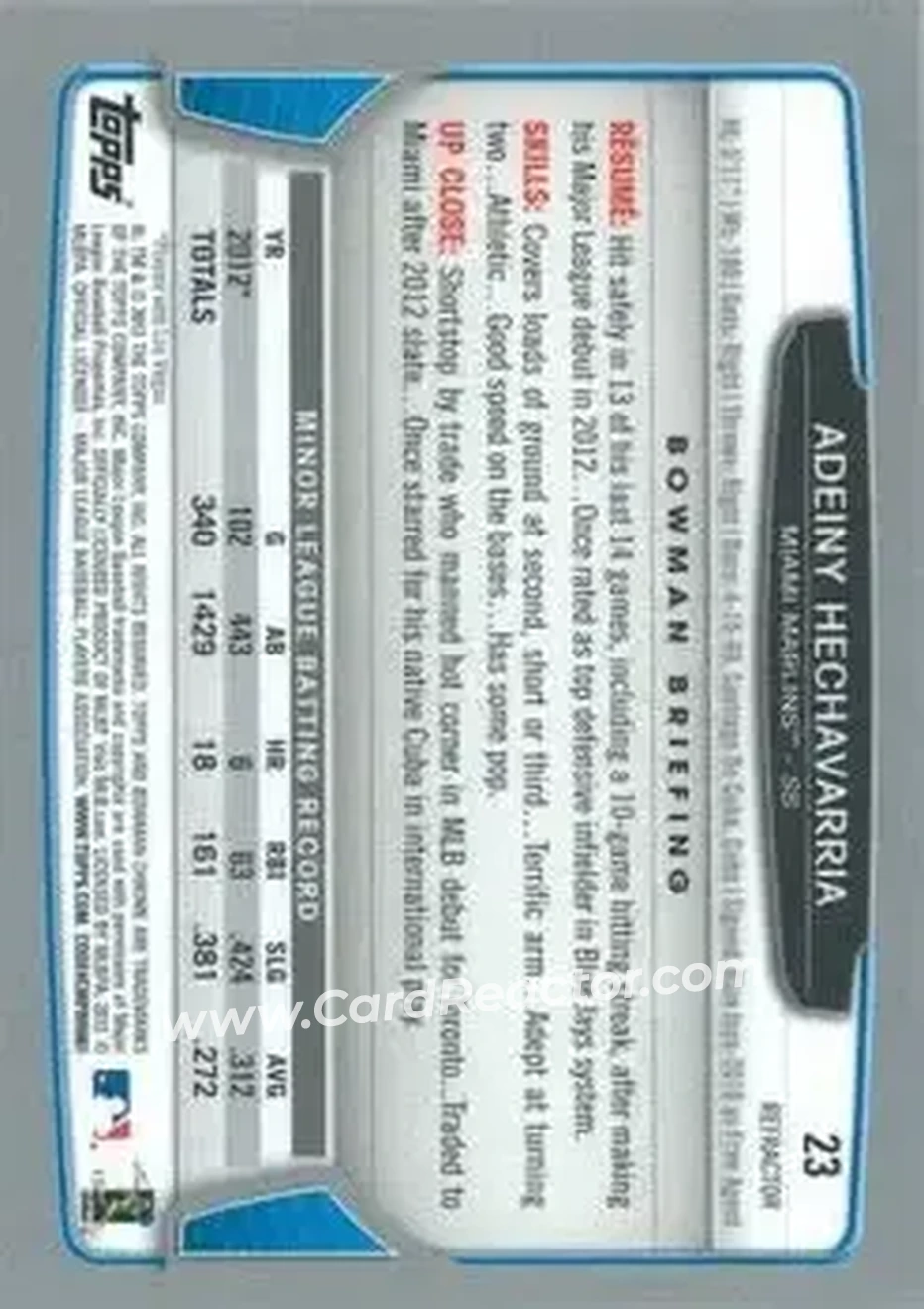 2013 Bowman Chrome - Refractors #23 - Adeiny Hechavarria - Miami Marlins - Back