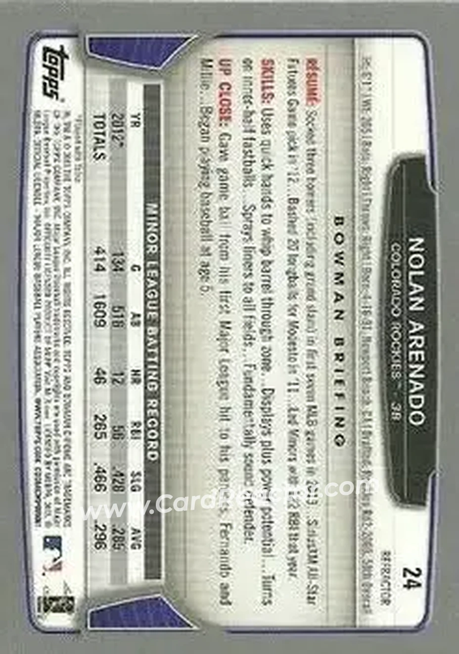 2013 Bowman Chrome - Refractors #24 - Nolan Arenado - Colorado Rockies - Back