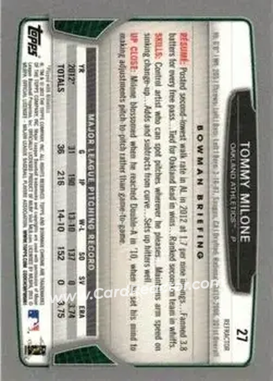 2013 Bowman Chrome - Refractors #27 - Tommy Milone - Oakland Athletics - Back 2013 Bowman Chrome - Refractors #27 - Tommy Milone - Oakland Athletics - Back