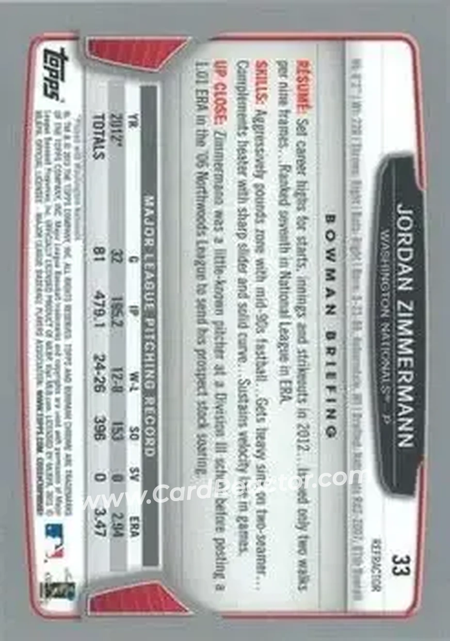 2013 Bowman Chrome - Refractors #33 - Jordan Zimmermann - Washington Nationals - Back