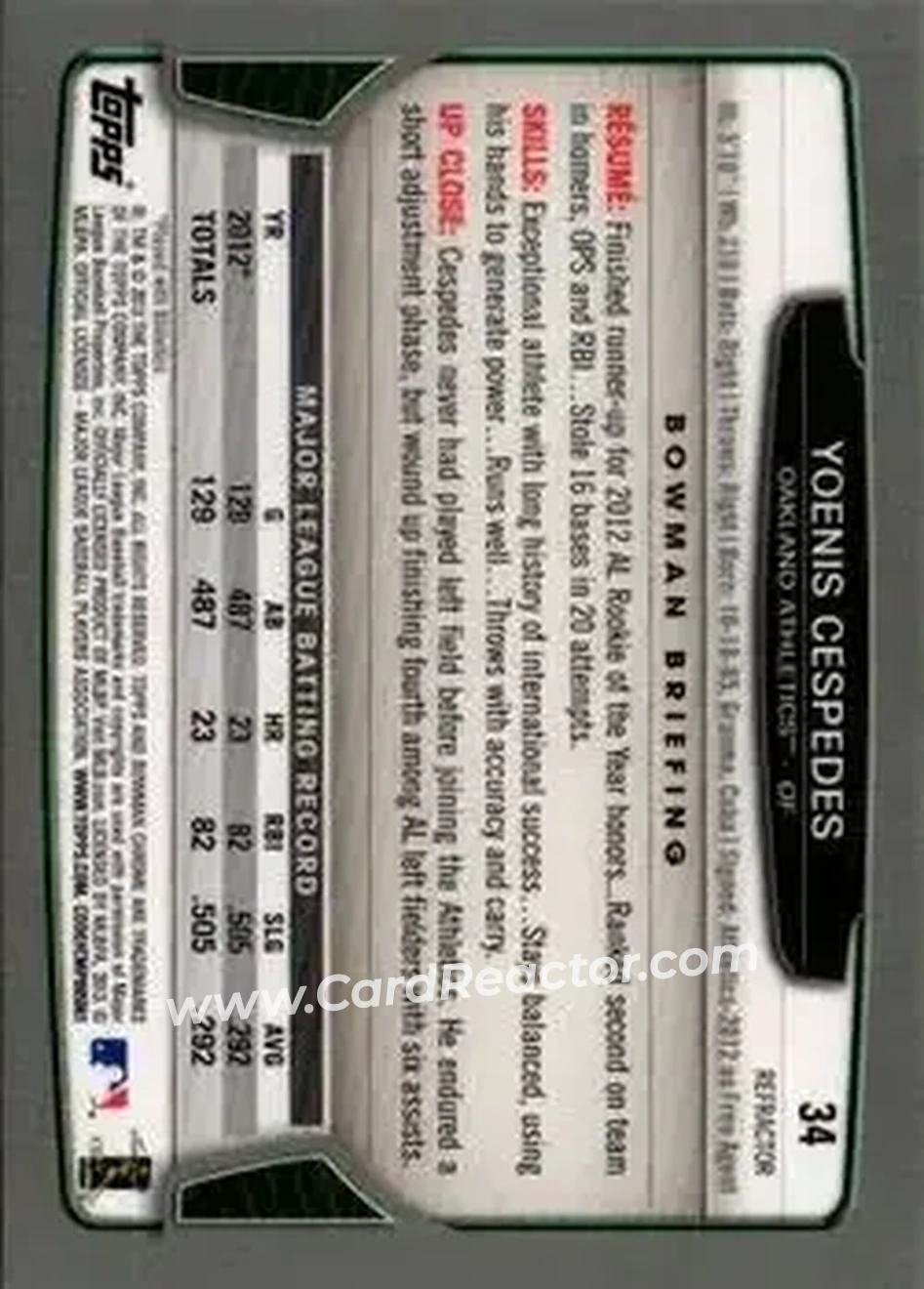 2013 Bowman Chrome - Refractors #34 - Yoenis Cespedes - Oakland Athletics - Back
