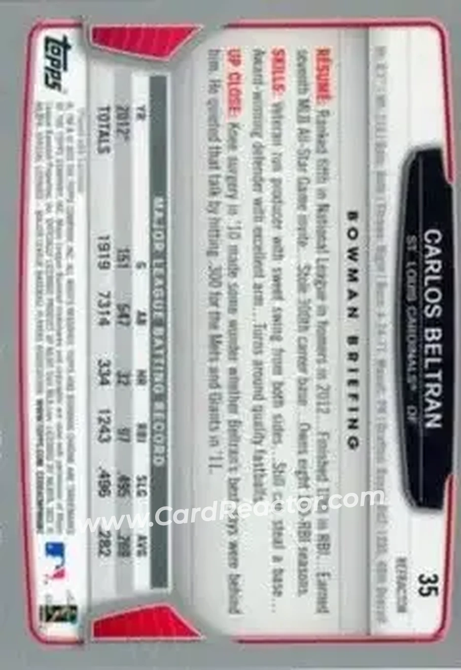 2013 Bowman Chrome - Refractors #35 - Carlos Beltran - St. Louis Cardinals - Back