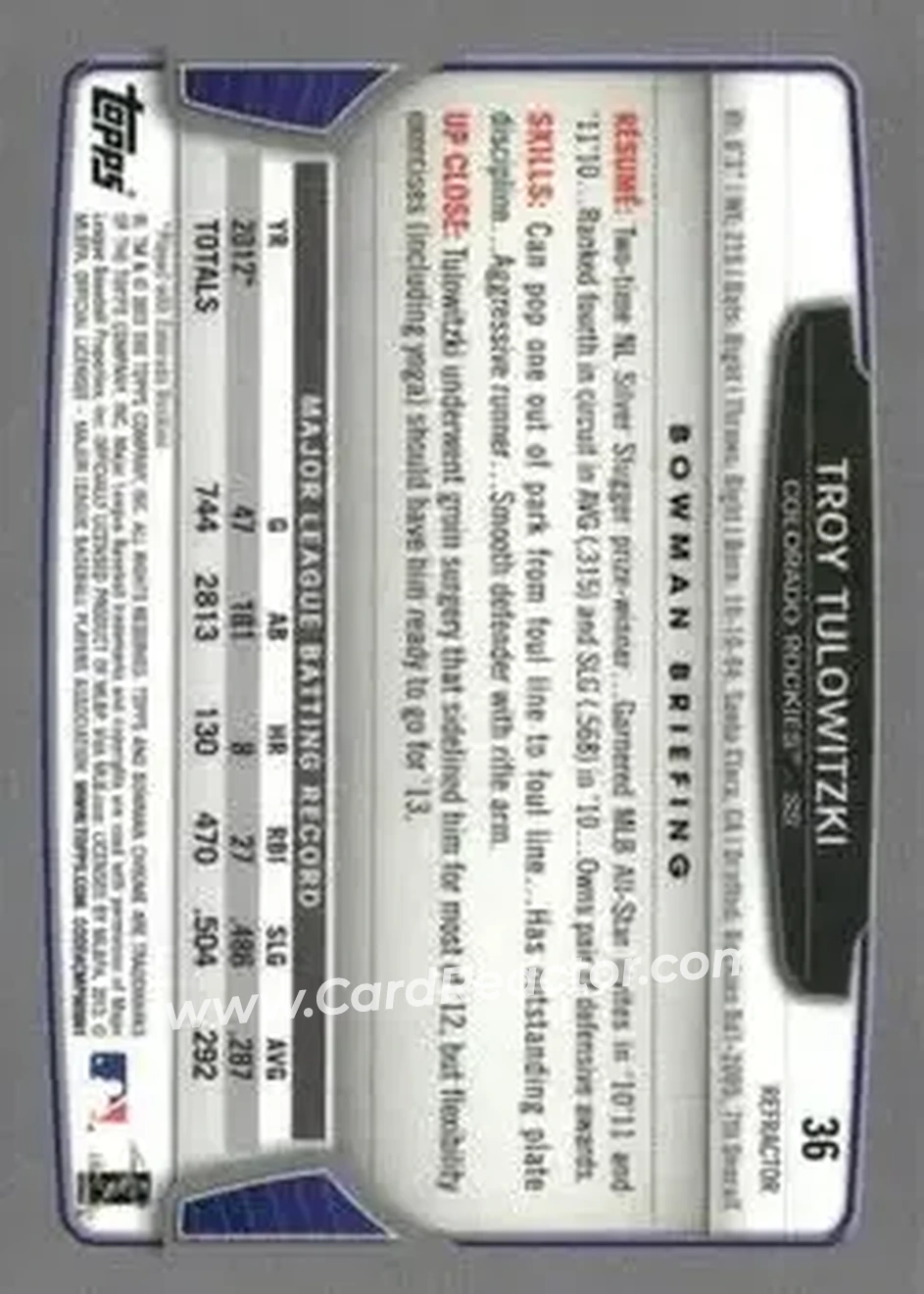 2013 Bowman Chrome - Refractors #36 - Troy Tulowitzki - Colorado Rockies - Back 2013 Bowman Chrome - Refractors #36 - Troy Tulowitzki - Colorado Rockies - Back