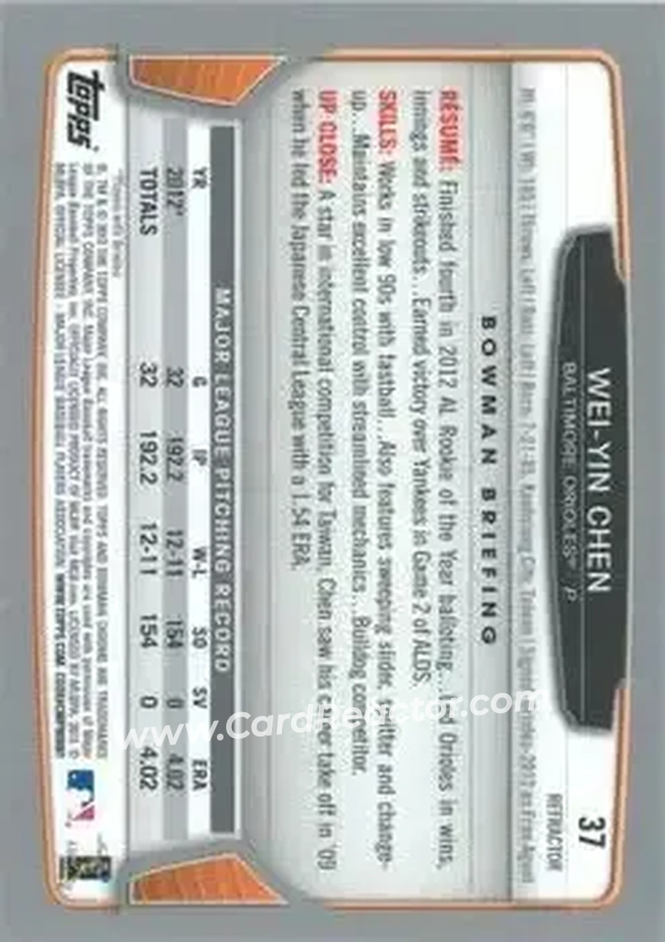 2013 Bowman Chrome - Refractors #37 - Wei-Yin Chen - Baltimore Orioles - Back