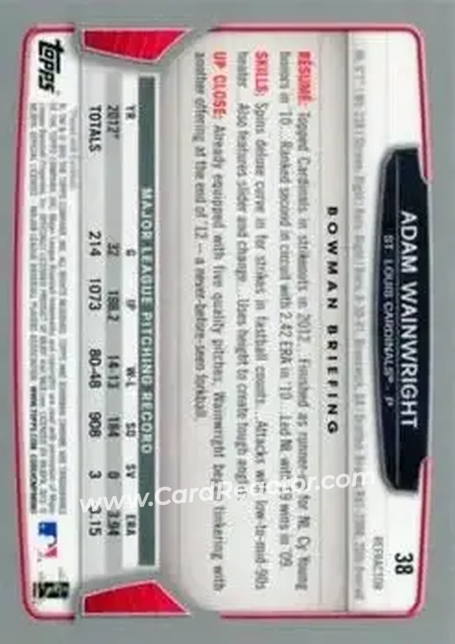 2013 Bowman Chrome - Refractors #38 - Adam Wainwright - St. Louis Cardinals - Back