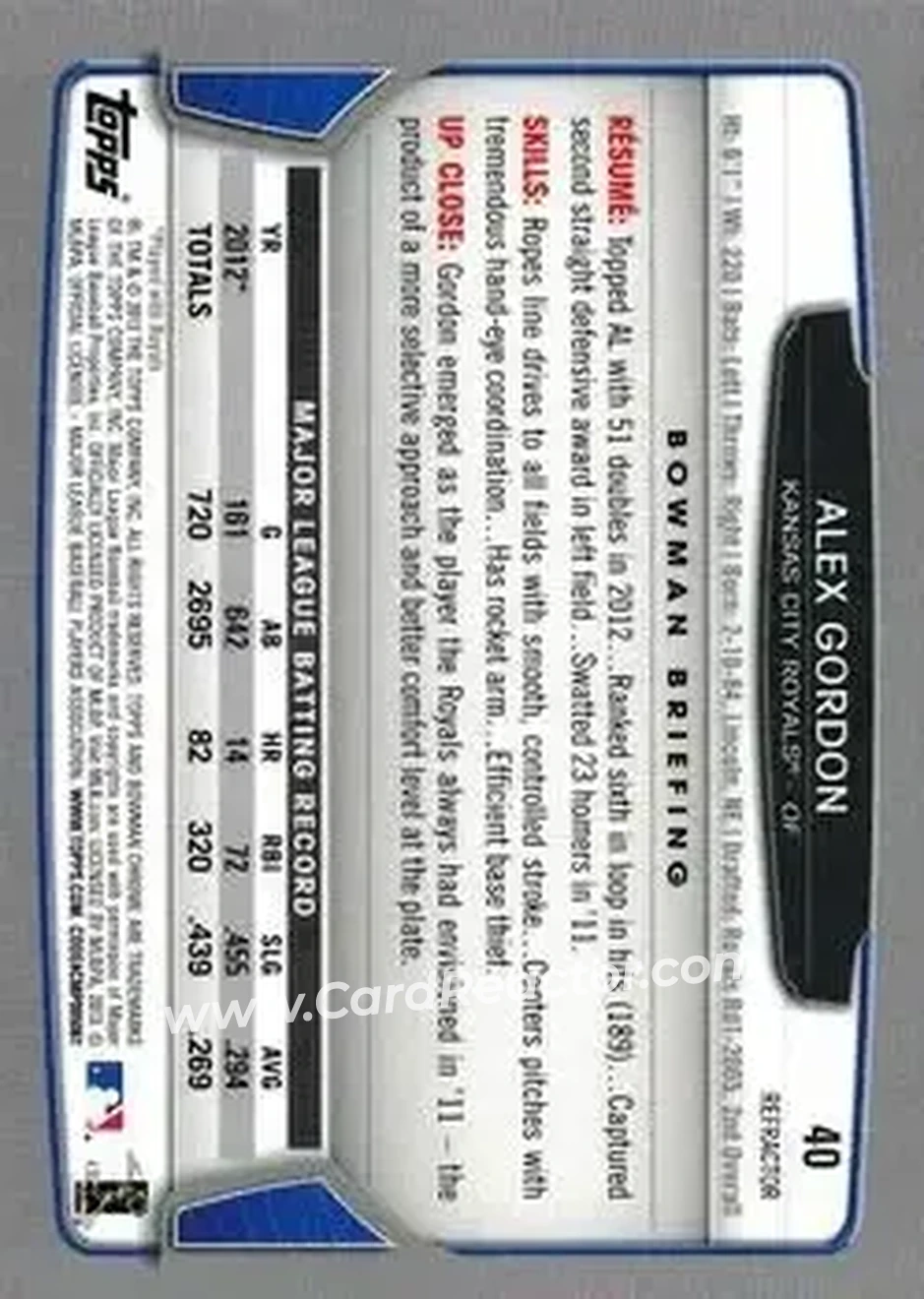 2013 Bowman Chrome - Refractors #40 - Alex Gordon - Kansas City Royals - Back