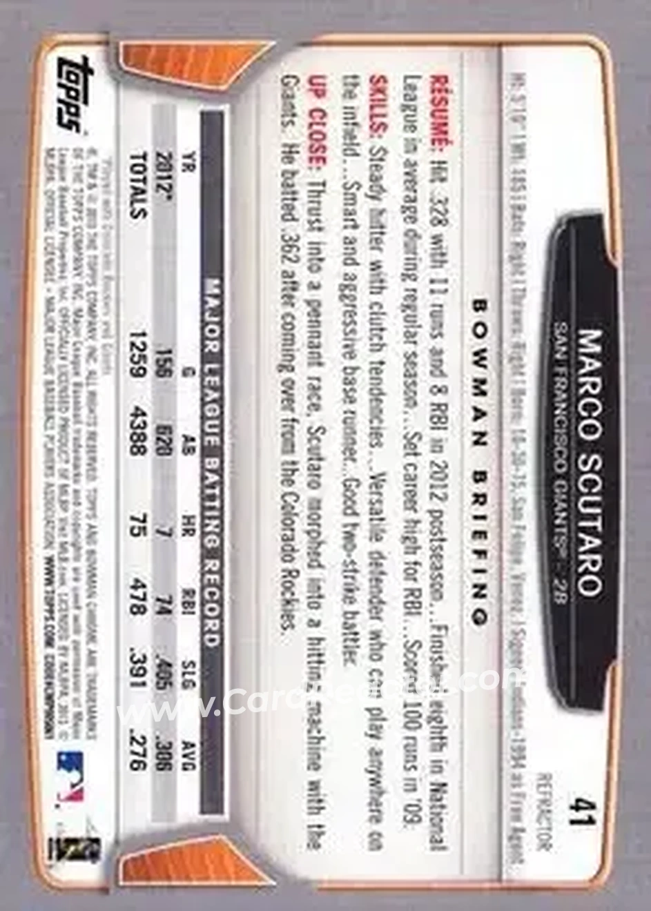 2013 Bowman Chrome - Refractors #41 - Marco Scutaro - San Francisco Giants - Back
