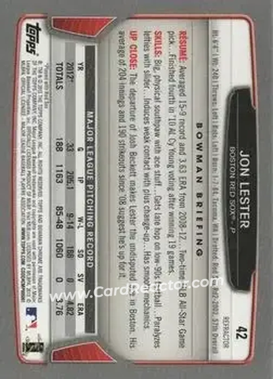 2013 Bowman Chrome - Refractors #42 - Jon Lester - Boston Red Sox - Back