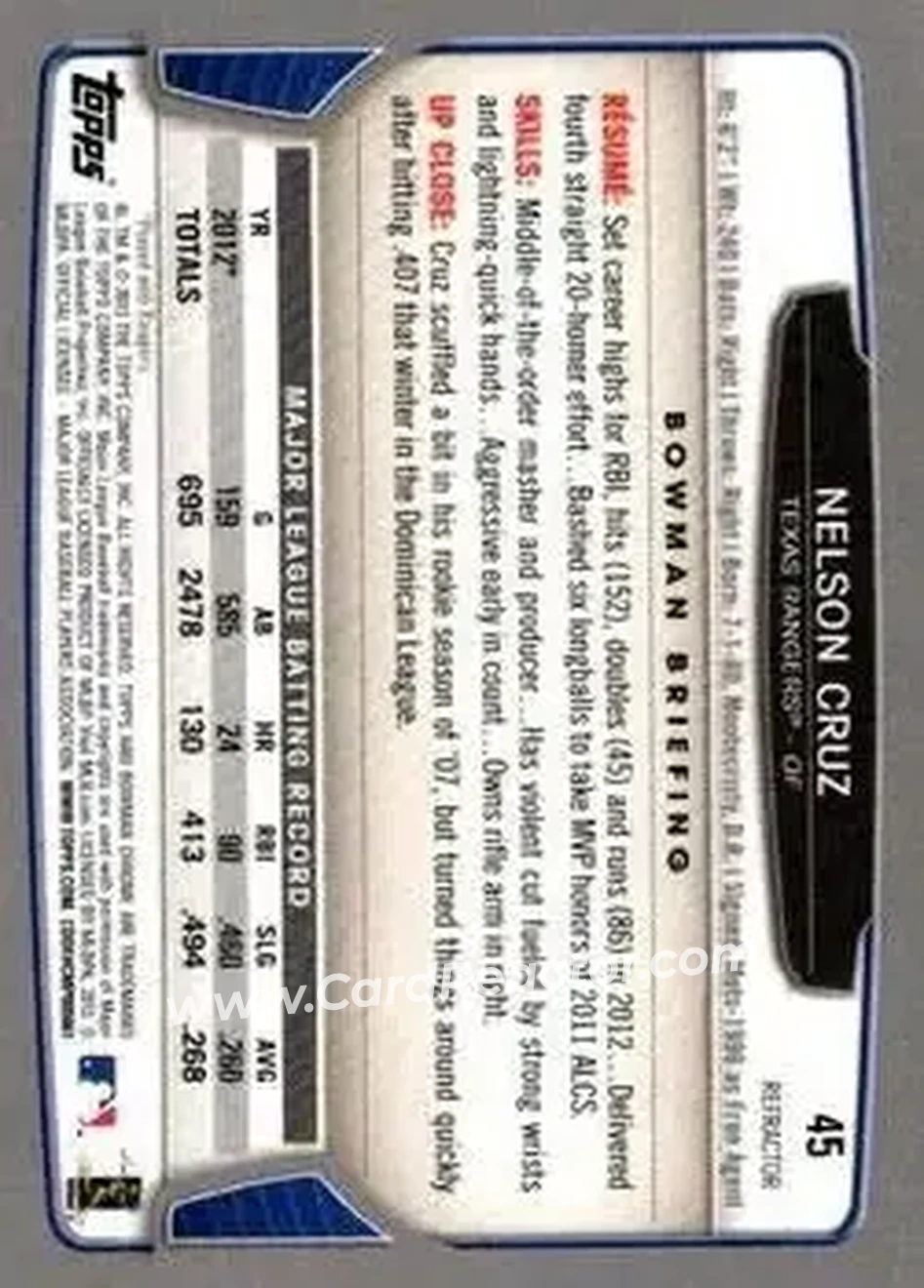 2013 Bowman Chrome - Refractors #45 - Nelson Cruz - Texas Rangers - Back 2013 Bowman Chrome - Refractors #45 - Nelson Cruz - Texas Rangers - Back