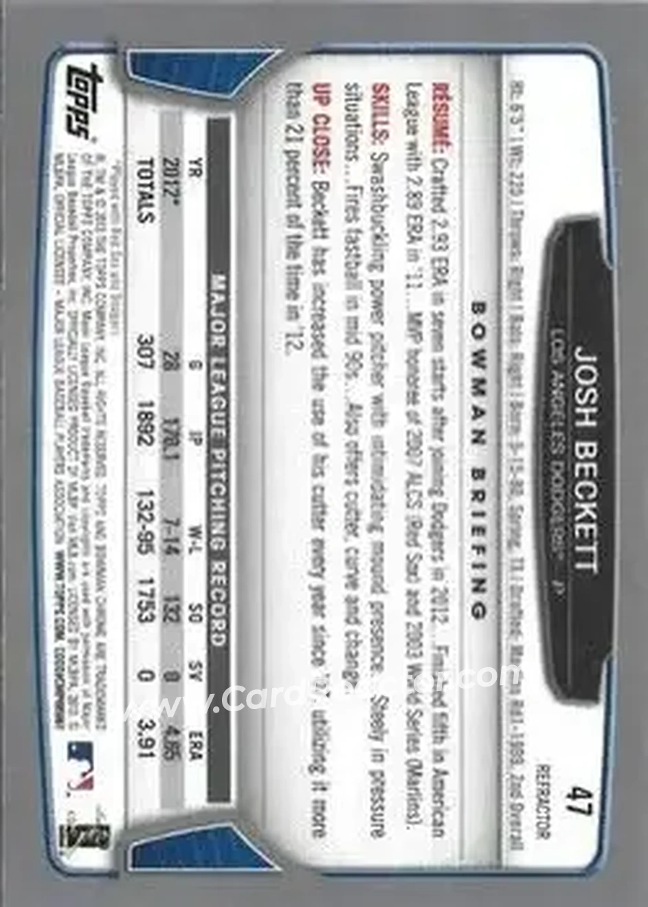 2013 Bowman Chrome - Refractors #47 - Josh Beckett - Los Angeles Dodgers - Back