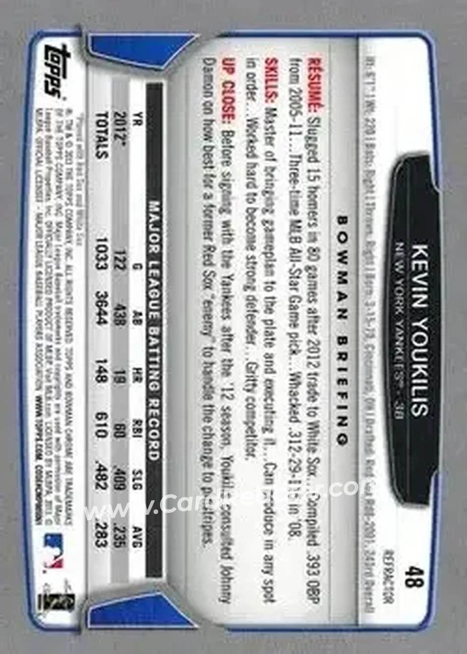 2013 Bowman Chrome - Refractors #48 - Kevin Youkilis - New York Yankees - Back