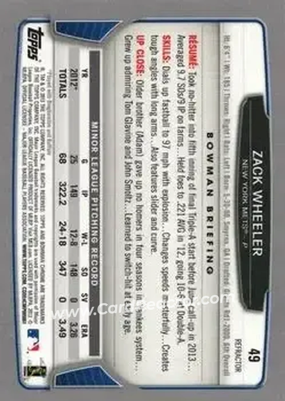 2013 Bowman Chrome - Refractors #49 - Zack Wheeler - New York Mets - Back