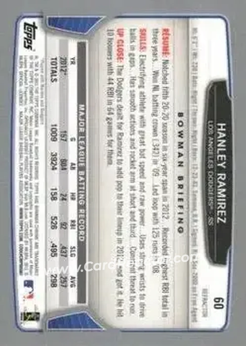 2013 Bowman Chrome - Refractors #60 - Hanley Ramirez - Los Angeles Dodgers - Back