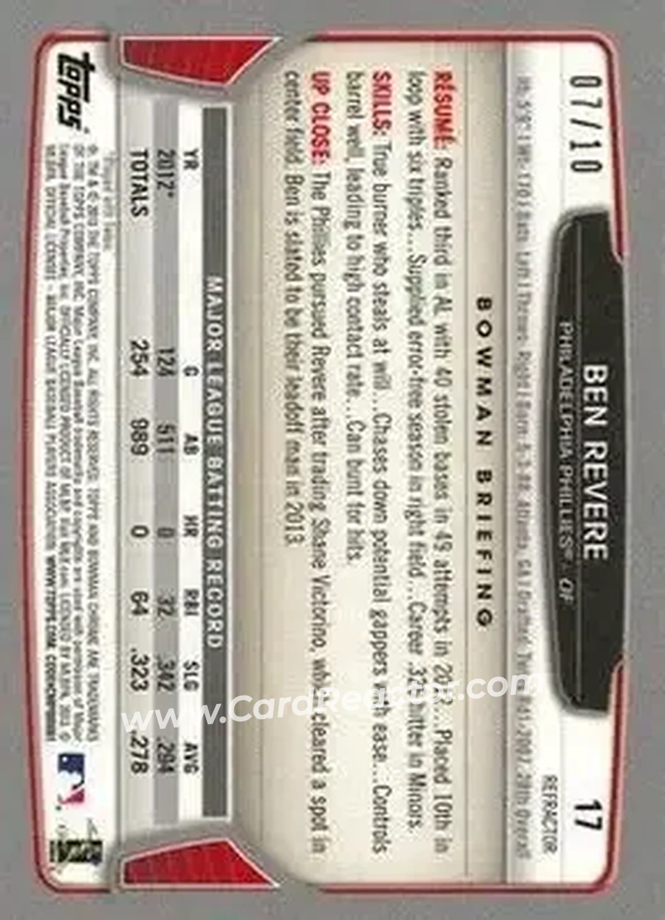 2013 Bowman Chrome - Yellow Refractors #17 - Ben Revere - Philadelphia Phillies - Back 2013 Bowman Chrome - Yellow Refractors #17 - Ben Revere - Philadelphia Phillies - Back