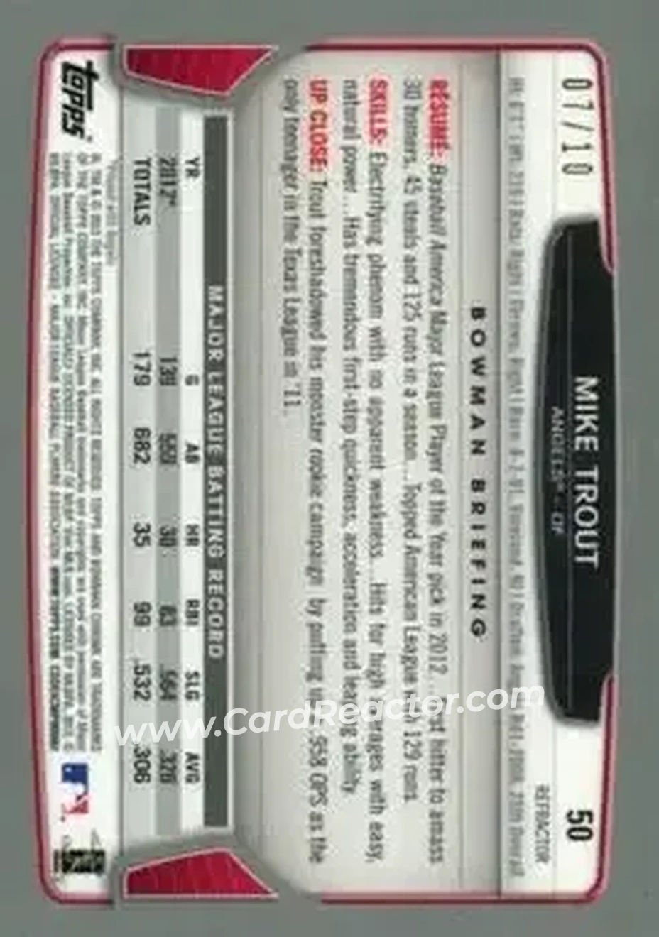 2013 Bowman Chrome - Yellow Refractors #50 - Mike Trout - Los Angeles Angels - Back