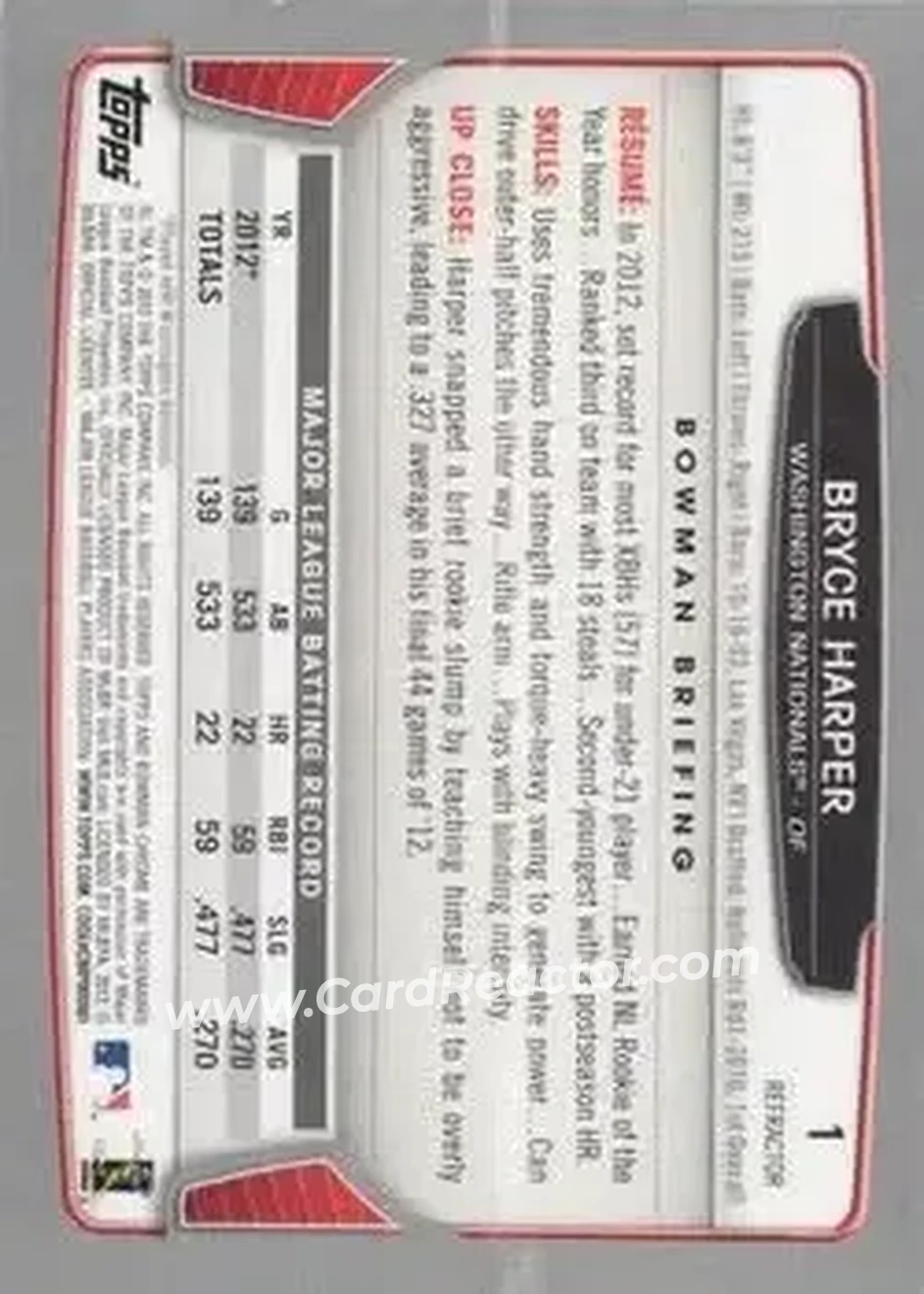2013 Bowman Chrome - X-Fractors #1 - Bryce Harper - Washington Nationals - Back 2013 Bowman Chrome - X-Fractors #1 - Bryce Harper - Washington Nationals - Back