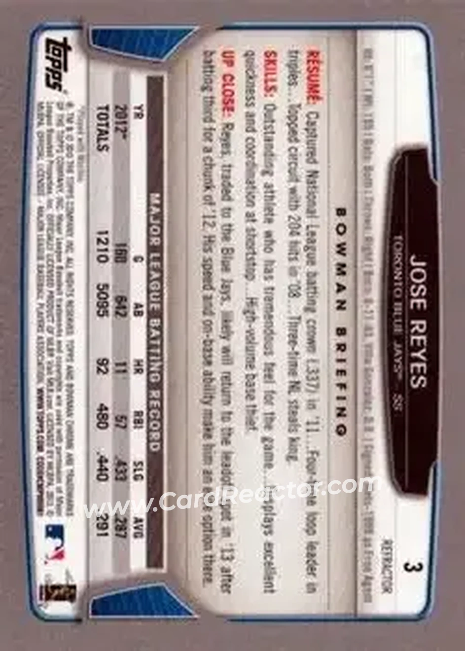 2013 Bowman Chrome - X-Fractors #3 - Jose Reyes - Toronto Blue Jays - Back 2013 Bowman Chrome - X-Fractors #3 - Jose Reyes - Toronto Blue Jays - Back