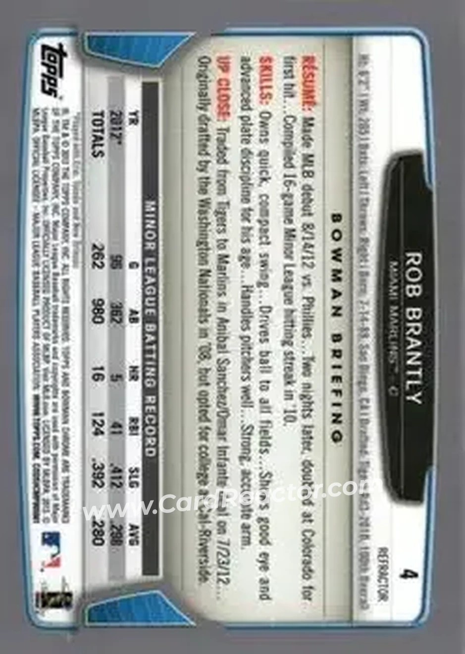 2013 Bowman Chrome - X-Fractors #4 - Rob Brantly - Miami Marlins - Back