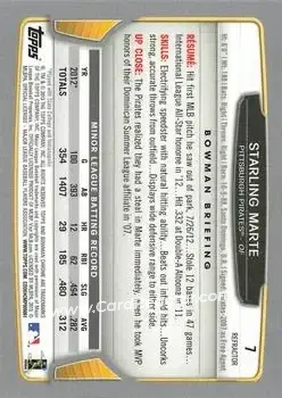 2013 Bowman Chrome - X-Fractors #7 - Starling Marte - Pittsburgh Pirates - Back 2013 Bowman Chrome - X-Fractors #7 - Starling Marte - Pittsburgh Pirates - Back