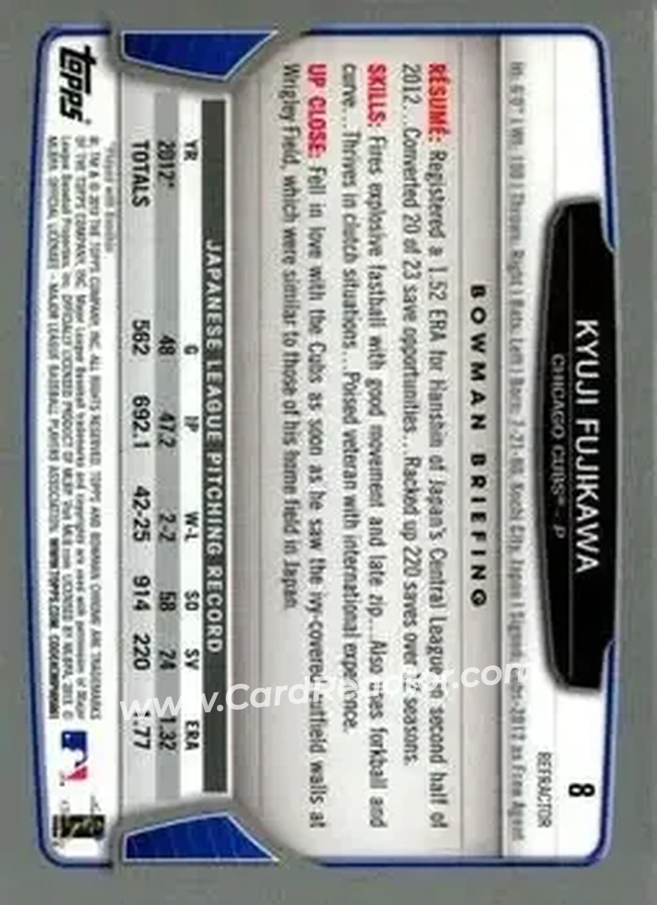 2013 Bowman Chrome - X-Fractors #8 - Kyuji Fujikawa - Chicago Cubs - Back 2013 Bowman Chrome - X-Fractors #8 - Kyuji Fujikawa - Chicago Cubs - Back