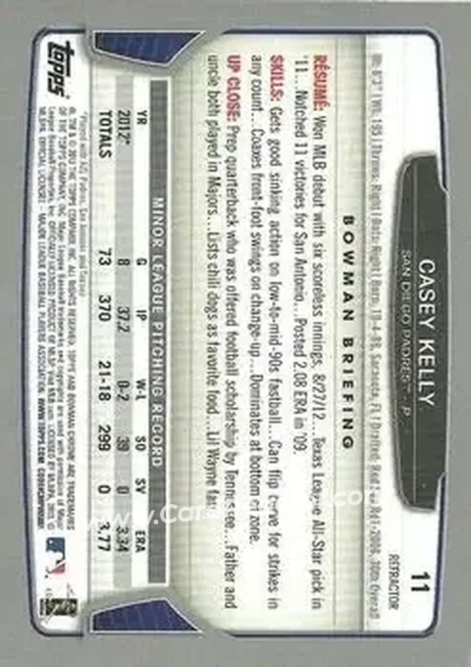 2013 Bowman Chrome - X-Fractors #11 - Casey Kelly - San Diego Padres - Back