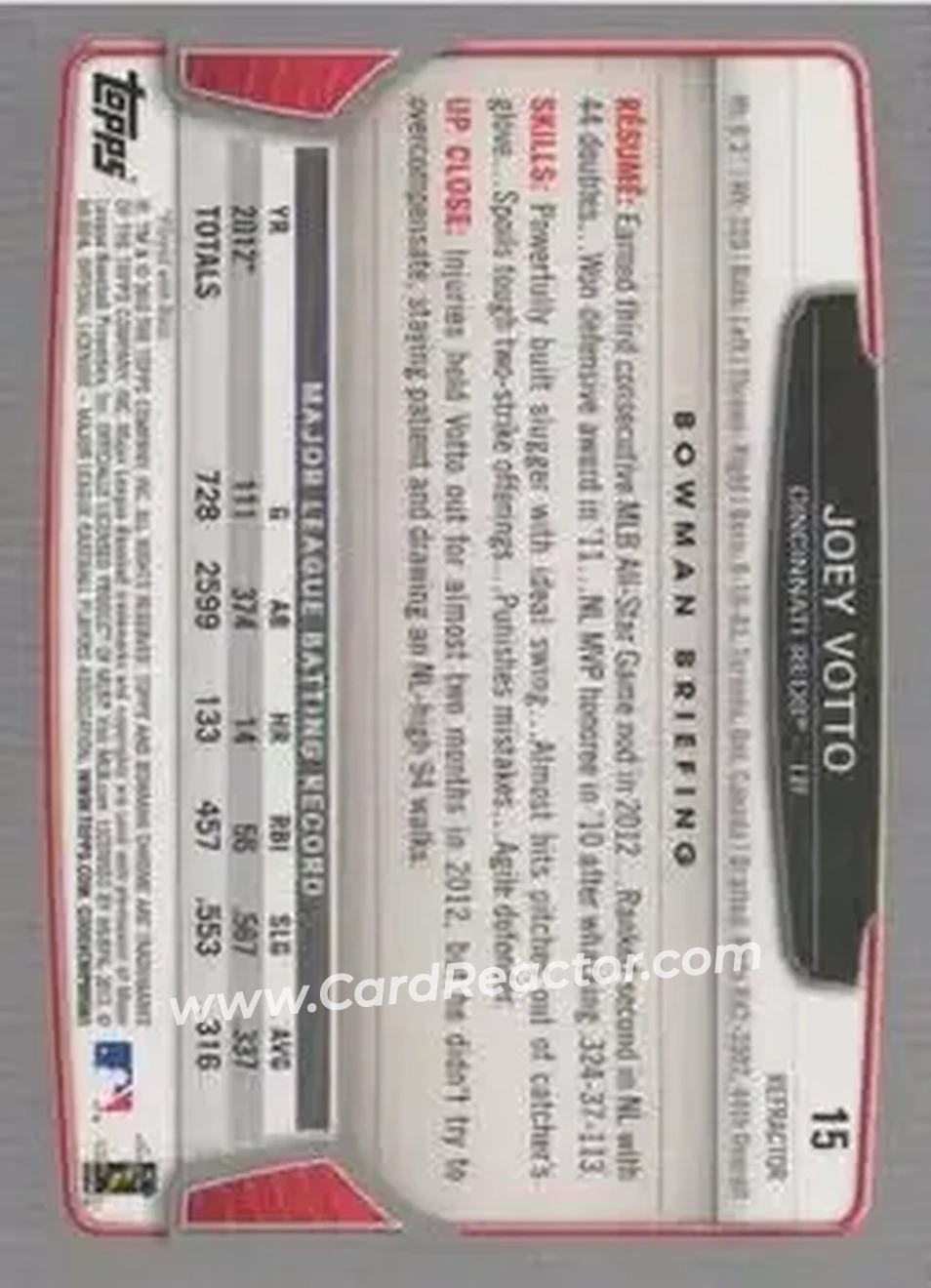 2013 Bowman Chrome - X-Fractors #15 - Joey Votto - Cincinnati Reds - Back