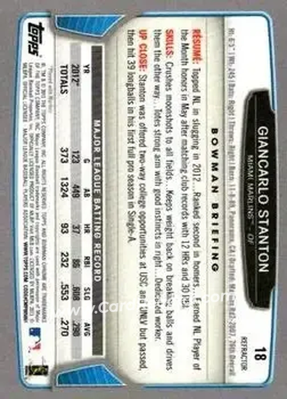 2013 Bowman Chrome - X-Fractors #18 - Giancarlo Stanton - Miami Marlins - Back