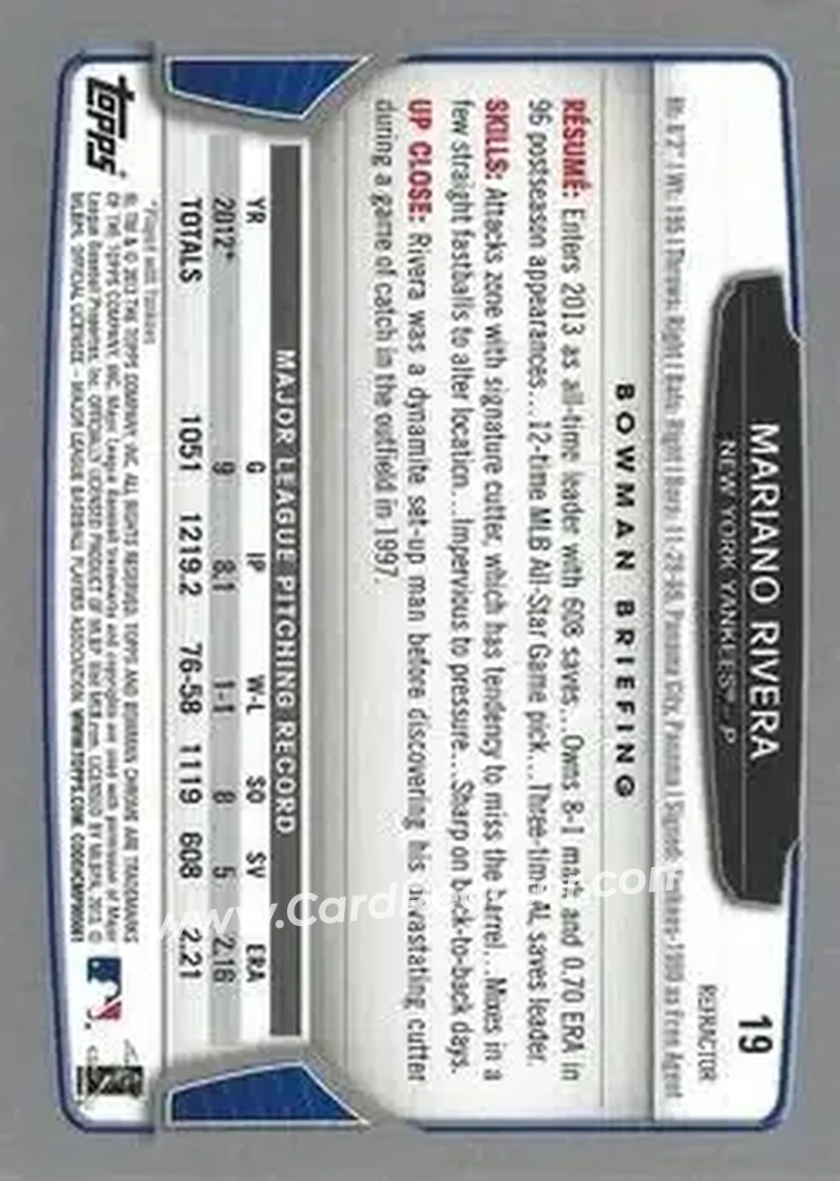 2013 Bowman Chrome - X-Fractors #19 - Mariano Rivera - New York Yankees - Back