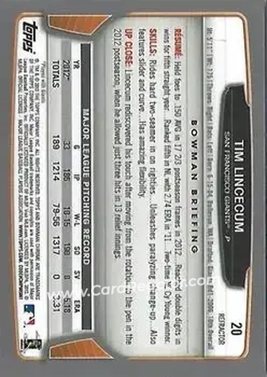 2013 Bowman Chrome - X-Fractors #20 - Tim Lincecum - San Francisco Giants - Back 2013 Bowman Chrome - X-Fractors #20 - Tim Lincecum - San Francisco Giants - Back