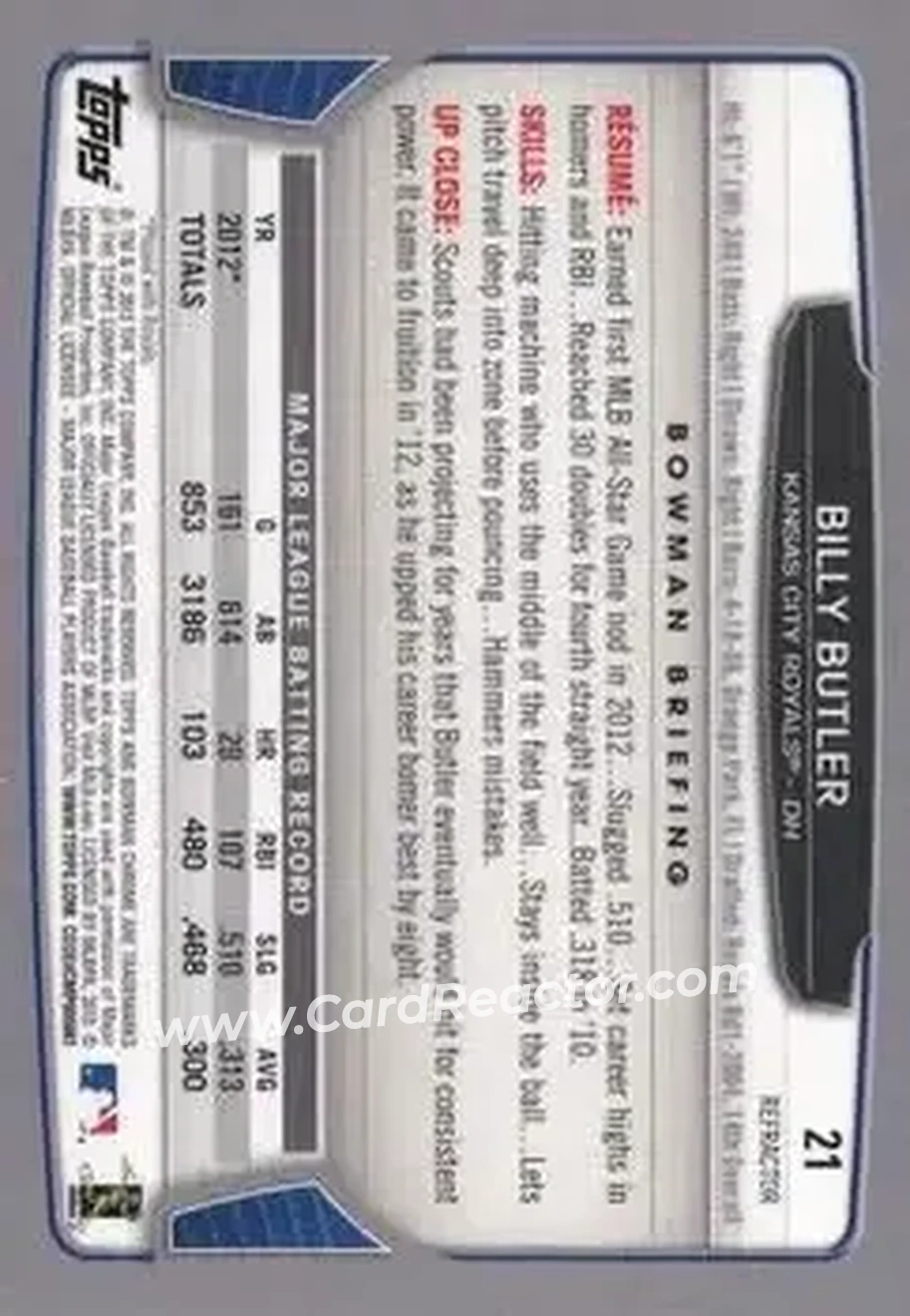 2013 Bowman Chrome - X-Fractors #21 - Billy Butler - Kansas City Royals - Back