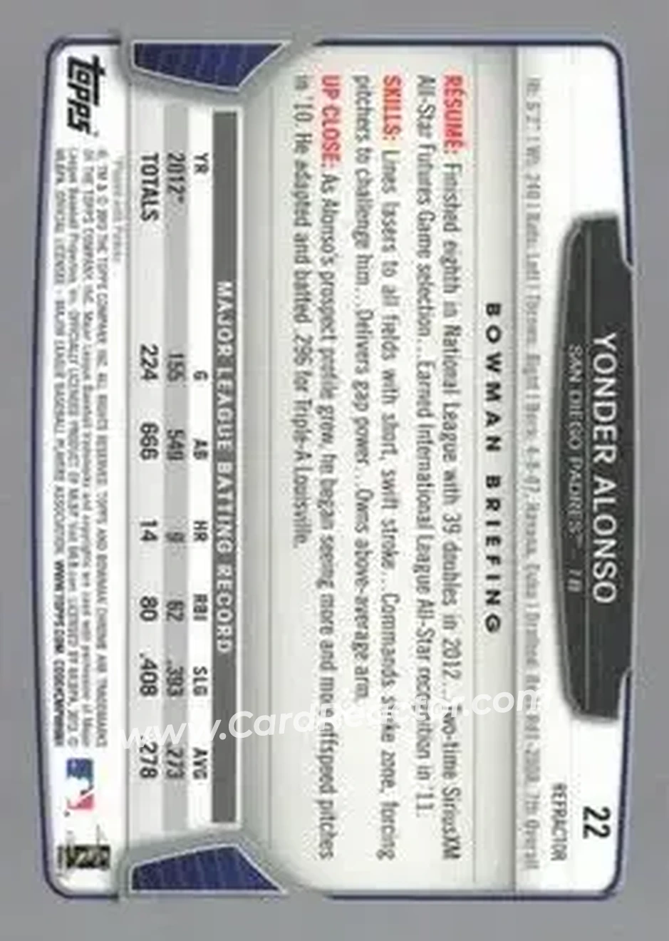 2013 Bowman Chrome - X-Fractors #22 - Yonder Alonso - San Diego Padres - Back