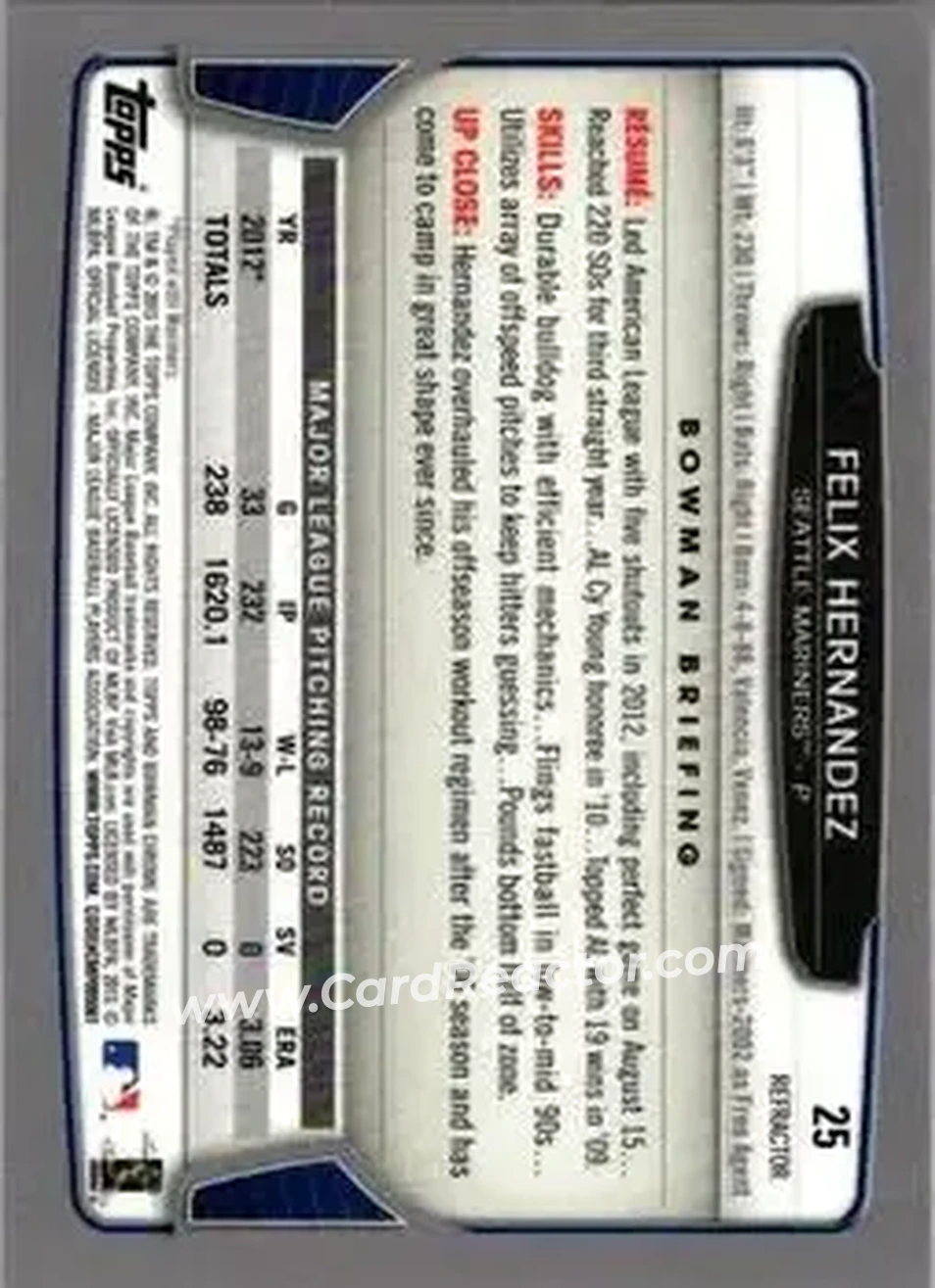 2013 Bowman Chrome - X-Fractors #25 - Felix Hernandez - Seattle Mariners - Back