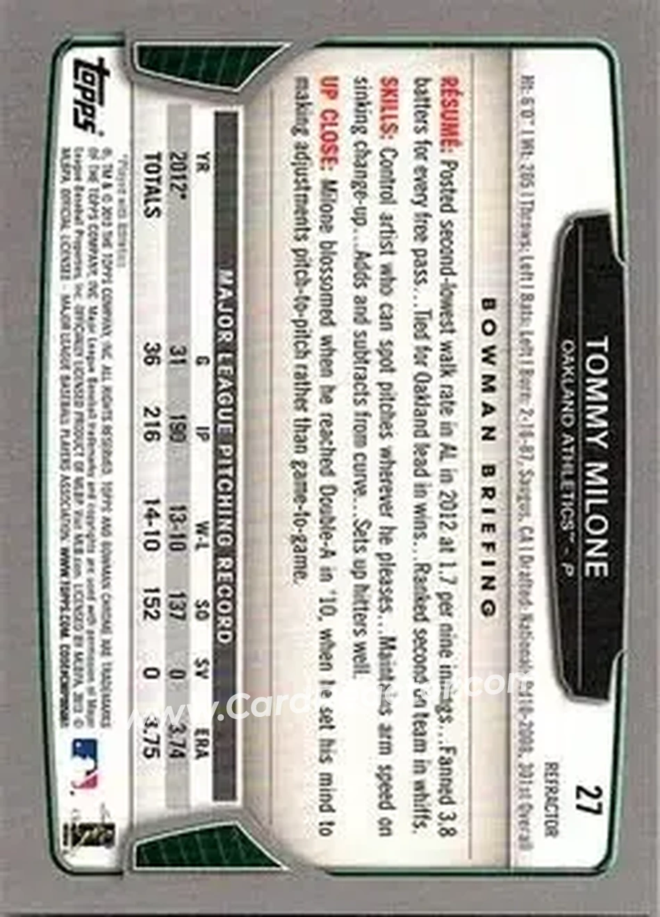 2013 Bowman Chrome - X-Fractors #27 - Tommy Milone - Oakland Athletics - Back