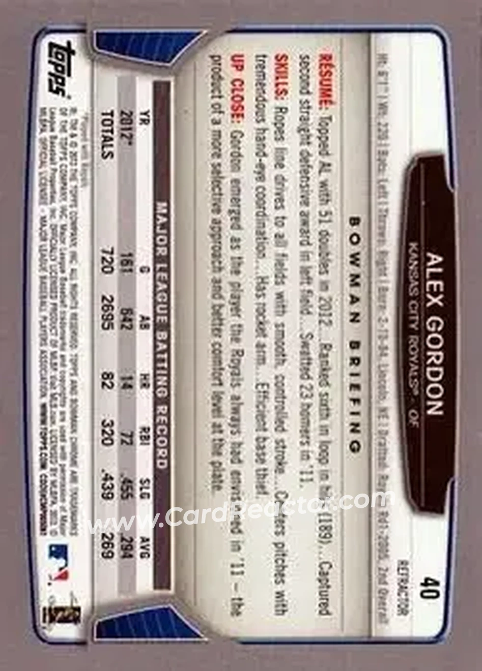 2013 Bowman Chrome - X-Fractors #40 - Alex Gordon - Kansas City Royals - Back 2013 Bowman Chrome - X-Fractors #40 - Alex Gordon - Kansas City Royals - Back