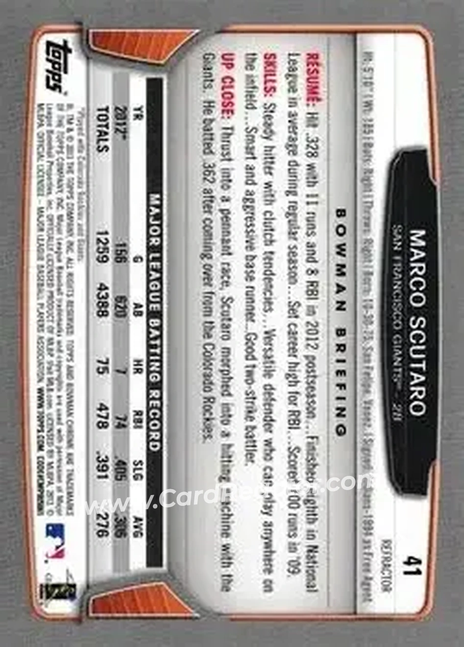2013 Bowman Chrome - X-Fractors #41 - Marco Scutaro - San Francisco Giants - Back