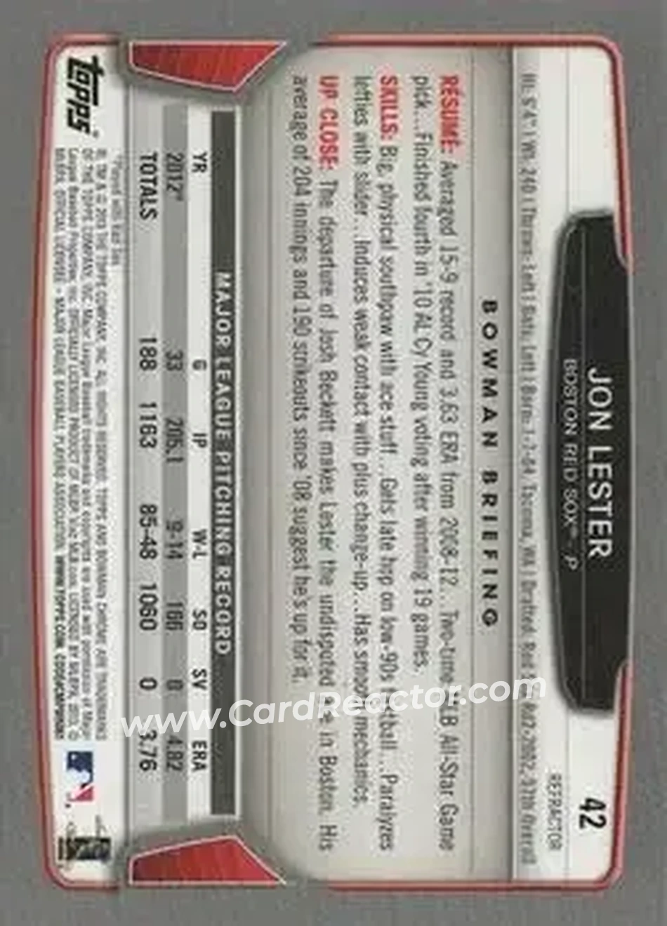 2013 Bowman Chrome - X-Fractors #42 - Jon Lester - Boston Red Sox - Back 2013 Bowman Chrome - X-Fractors #42 - Jon Lester - Boston Red Sox - Back