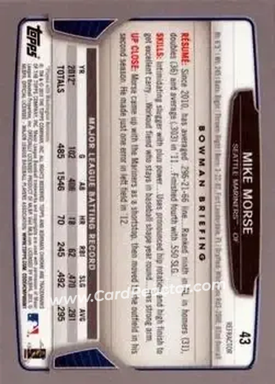 2013 Bowman Chrome - X-Fractors #43 - Mike Morse - Seattle Mariners - Back 2013 Bowman Chrome - X-Fractors #43 - Mike Morse - Seattle Mariners - Back