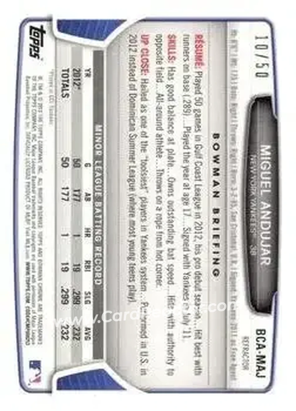 2013 Bowman Chrome - Prospects Autographs Blue Wave Refractors #BCA-MAJ - Miguel Andujar - New York Yankees - Back