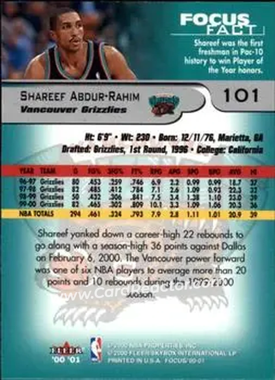 2000-01 Fleer Focus #101 - Shareef Abdur-Rahim - Vancouver Grizzlies - Back 2000-01 Fleer Focus #101 - Shareef Abdur-Rahim - Vancouver Grizzlies - Back