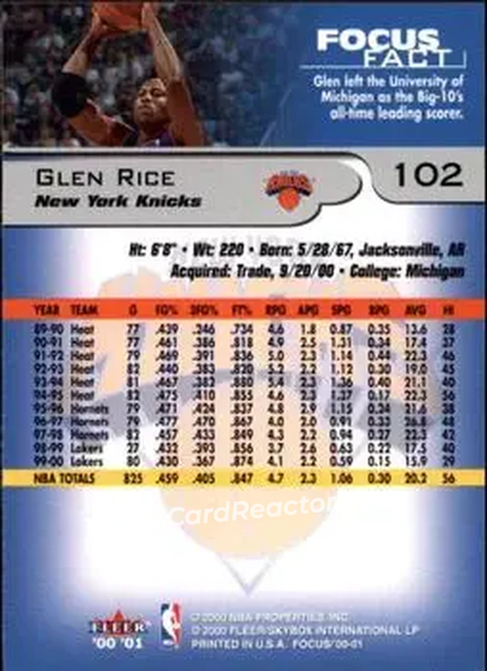 2000-01 Fleer Focus #102 - Glen Rice - New York Knicks - Back