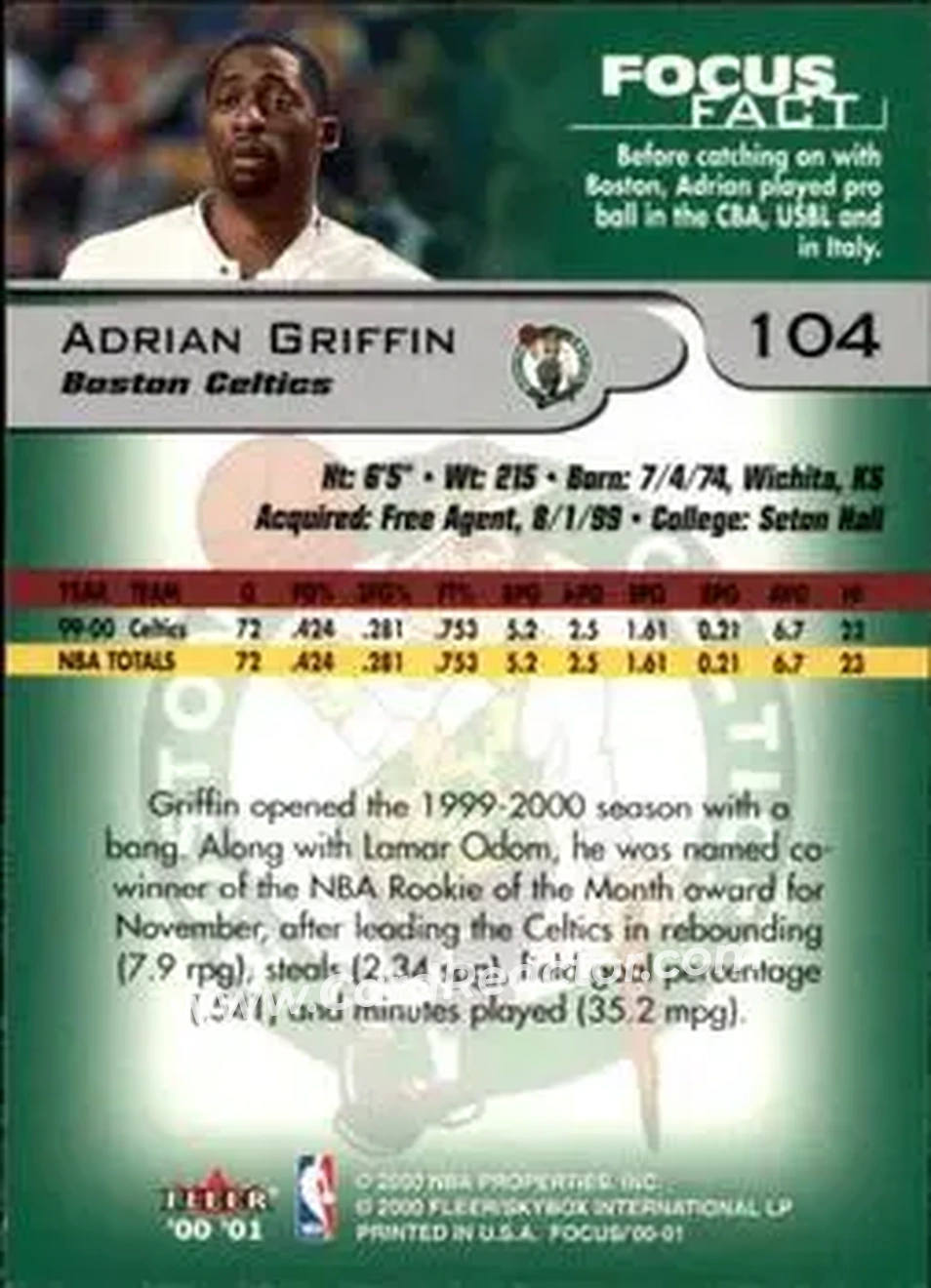 2000-01 Fleer Focus #104 - Adrian Griffin - Boston Celtics - Back