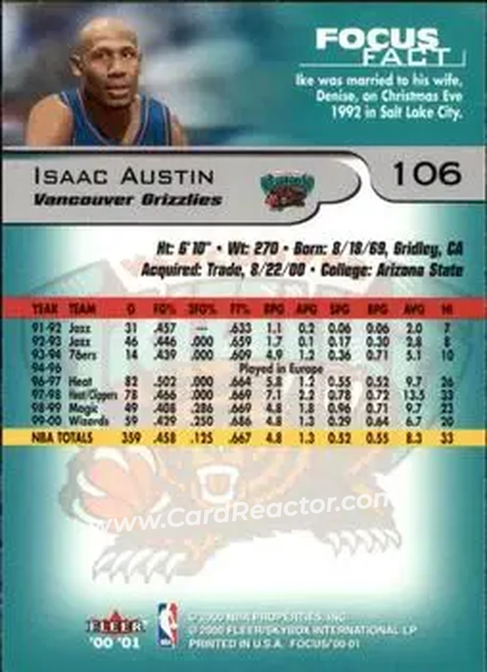 2000-01 Fleer Focus #106 - Isaac Austin - Vancouver Grizzlies - Back 2000-01 Fleer Focus #106 - Isaac Austin - Vancouver Grizzlies - Back