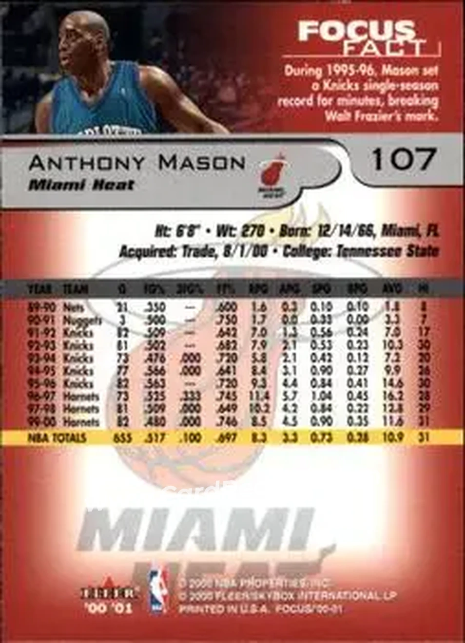 2000-01 Fleer Focus #107 - Anthony Mason - Miami Heat - Back