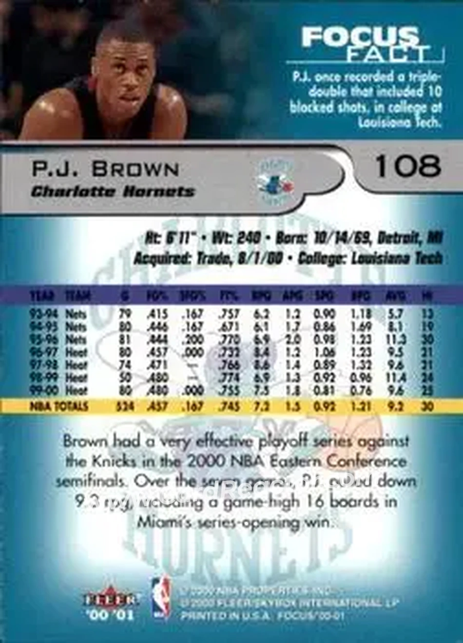 2000-01 Fleer Focus #108 - P.J. Brown - Charlotte Hornets - Back