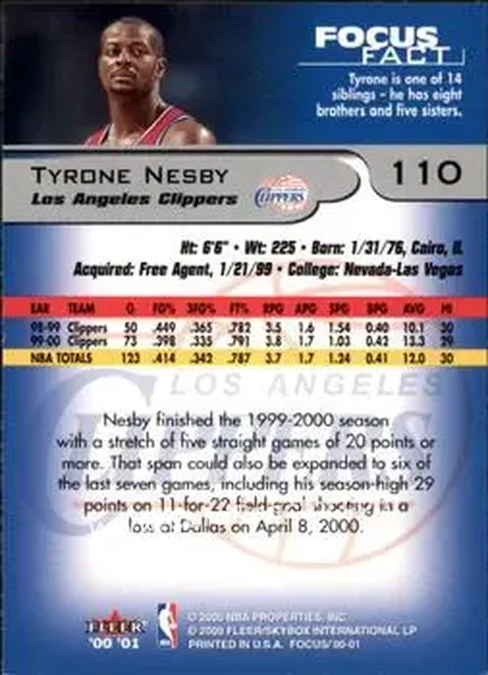 2000-01 Fleer Focus #110 - Tyrone Nesby - Los Angeles Clippers - Back 2000-01 Fleer Focus #110 - Tyrone Nesby - Los Angeles Clippers - Back
