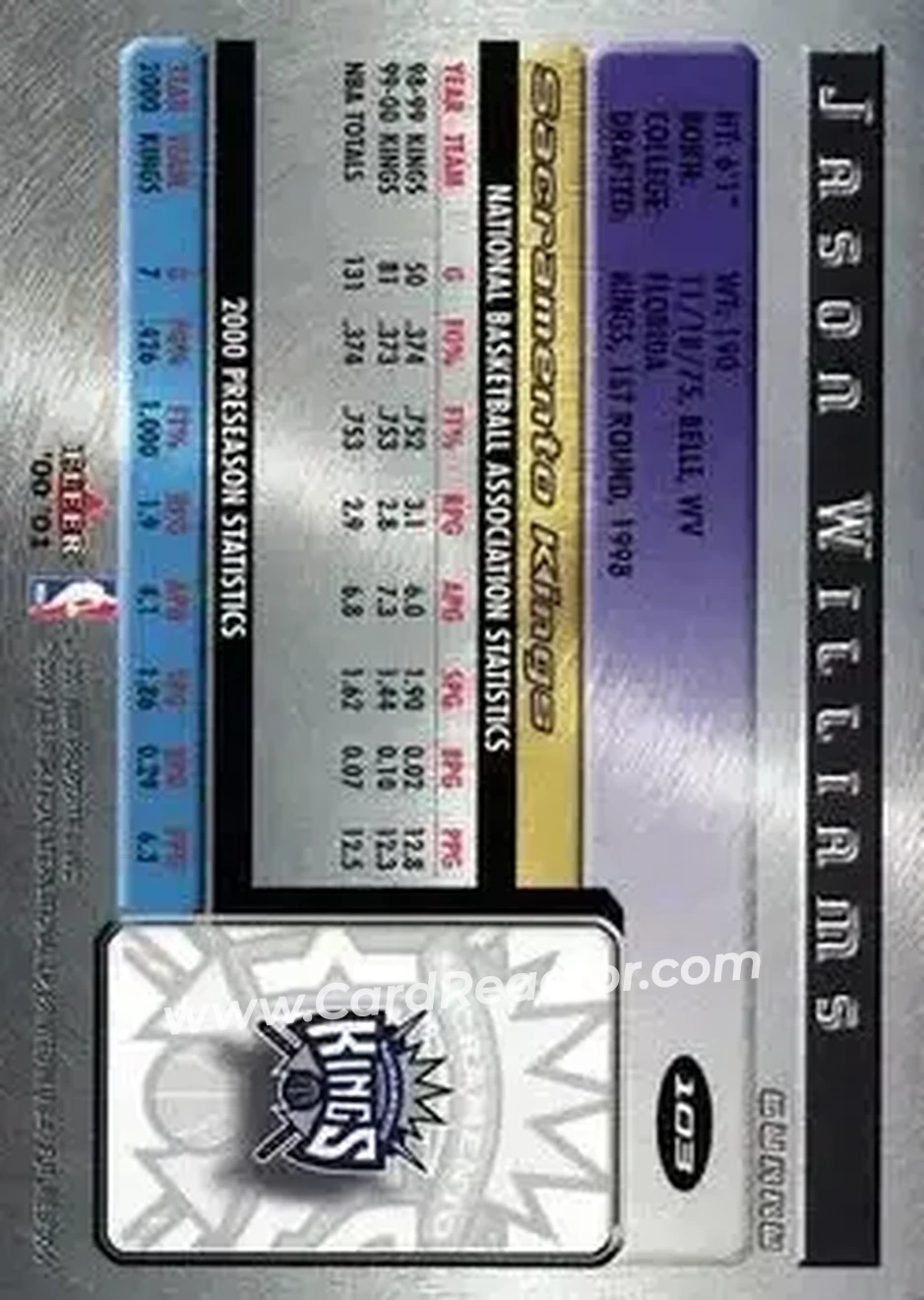 2000-01 Fleer Futures #103 - Jason Williams - Sacramento Kings - Back 2000-01 Fleer Futures #103 - Jason Williams - Sacramento Kings - Back