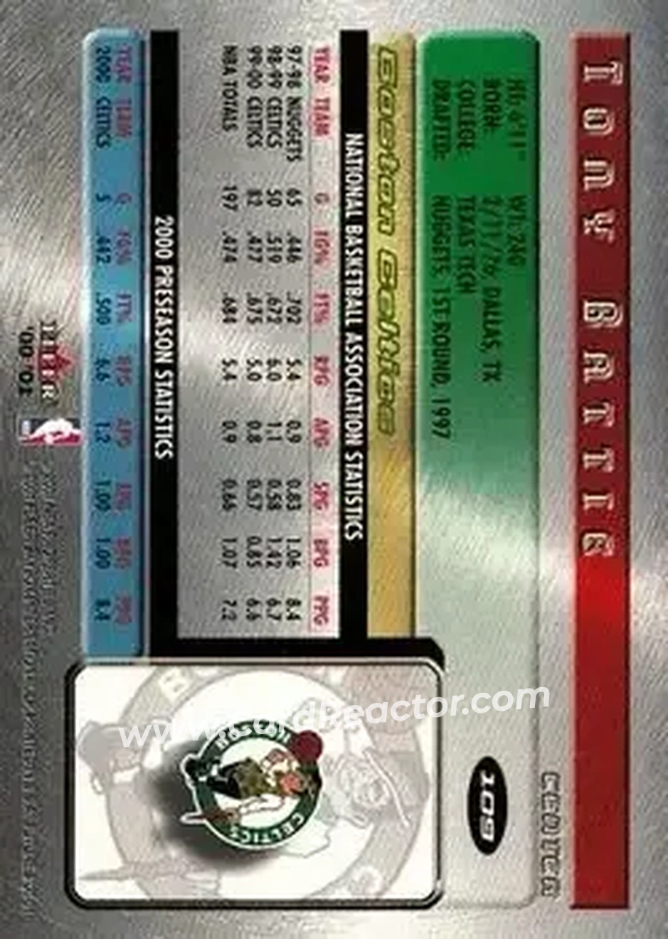 2000-01 Fleer Futures #109 - Tony Battie - Boston Celtics - Back