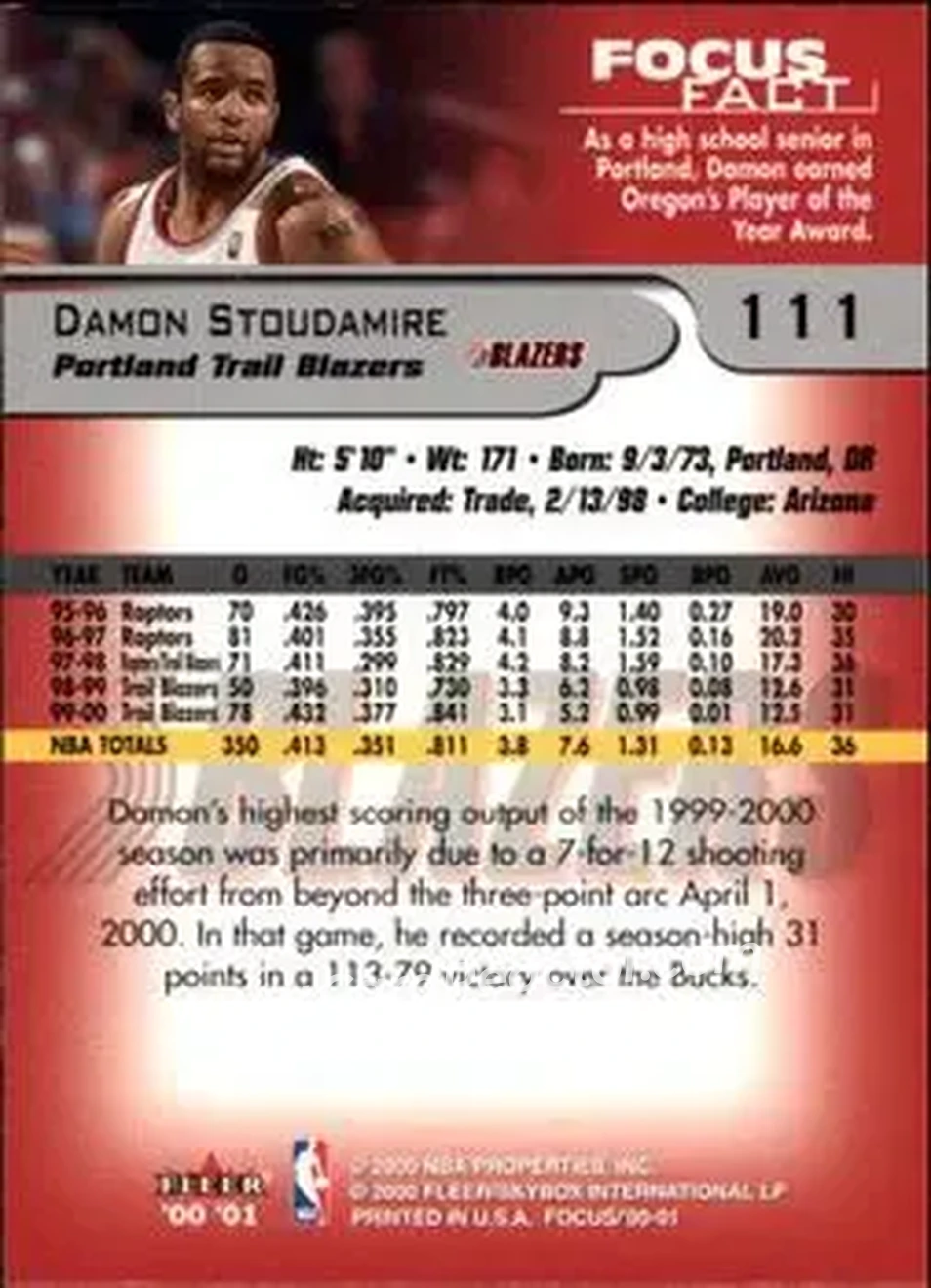 2000-01 Fleer Focus #111 - Damon Stoudamire - Portland Trail Blazers - Back