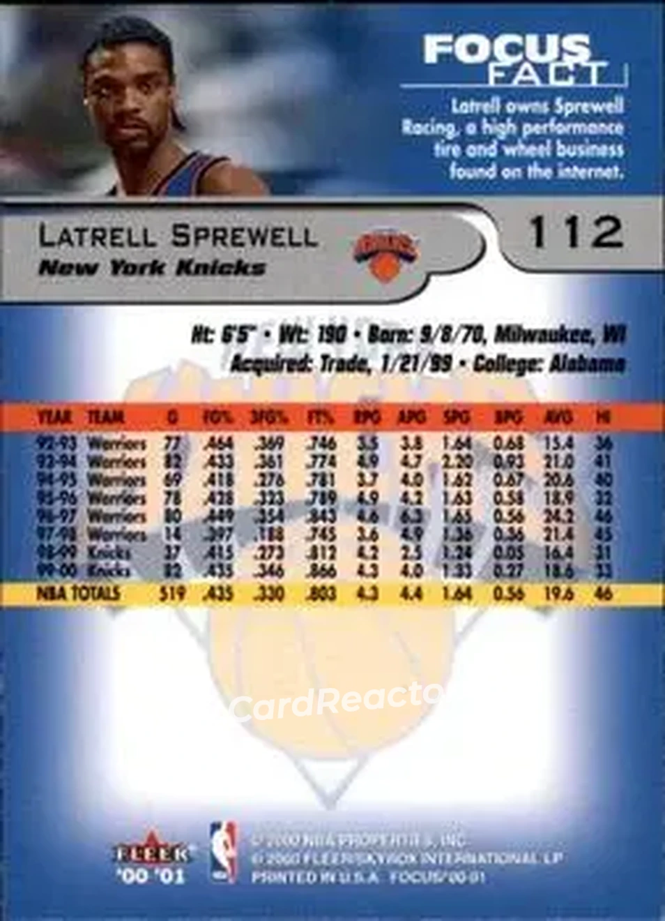 2000-01 Fleer Focus #112 - Latrell Sprewell - New York Knicks - Back 2000-01 Fleer Focus #112 - Latrell Sprewell - New York Knicks - Back